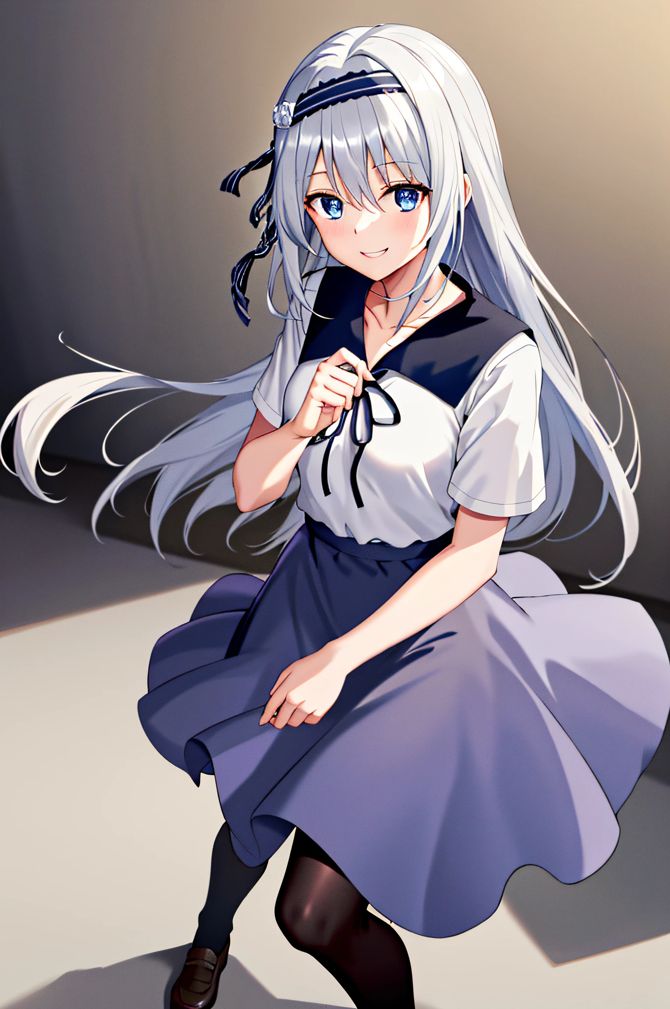 masterpiece,best quality, highres, kei1, 1girl, solo, blue eyes, long hair, white dress, short sleeves, ribbon, bangs, collarbone, grey hair, whte skirt, black hairband, black pantyhose, neck ribbon, hair between eyes, medium breasts, sailor collar, shoes, cowboy shot, smile, standing,