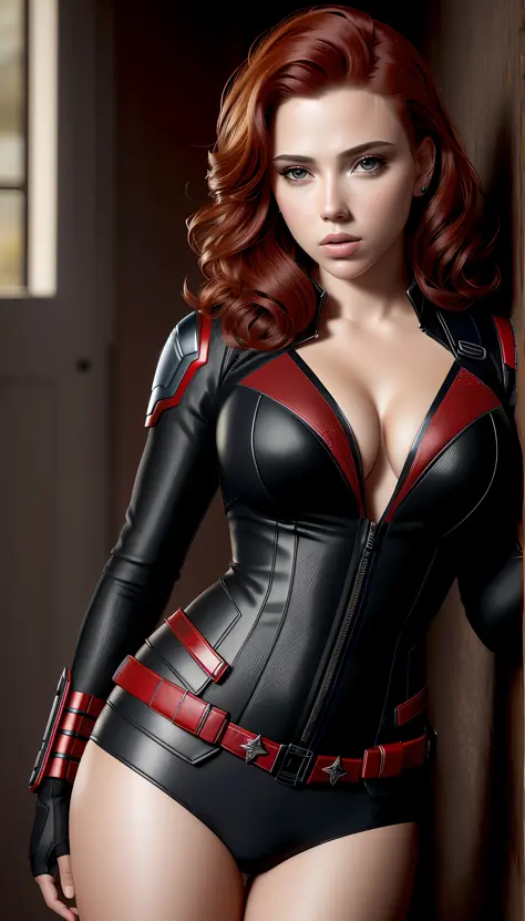(masterpiece), (best quality), (photorealistic:1.3), 8k, detailed skin texture, detailed fabric texture, beautiful detailed face, intricate details, ultra detailed, scarlett johansson, Black Widow, pure red hair, wearing black leather pants(full body: 1.2)