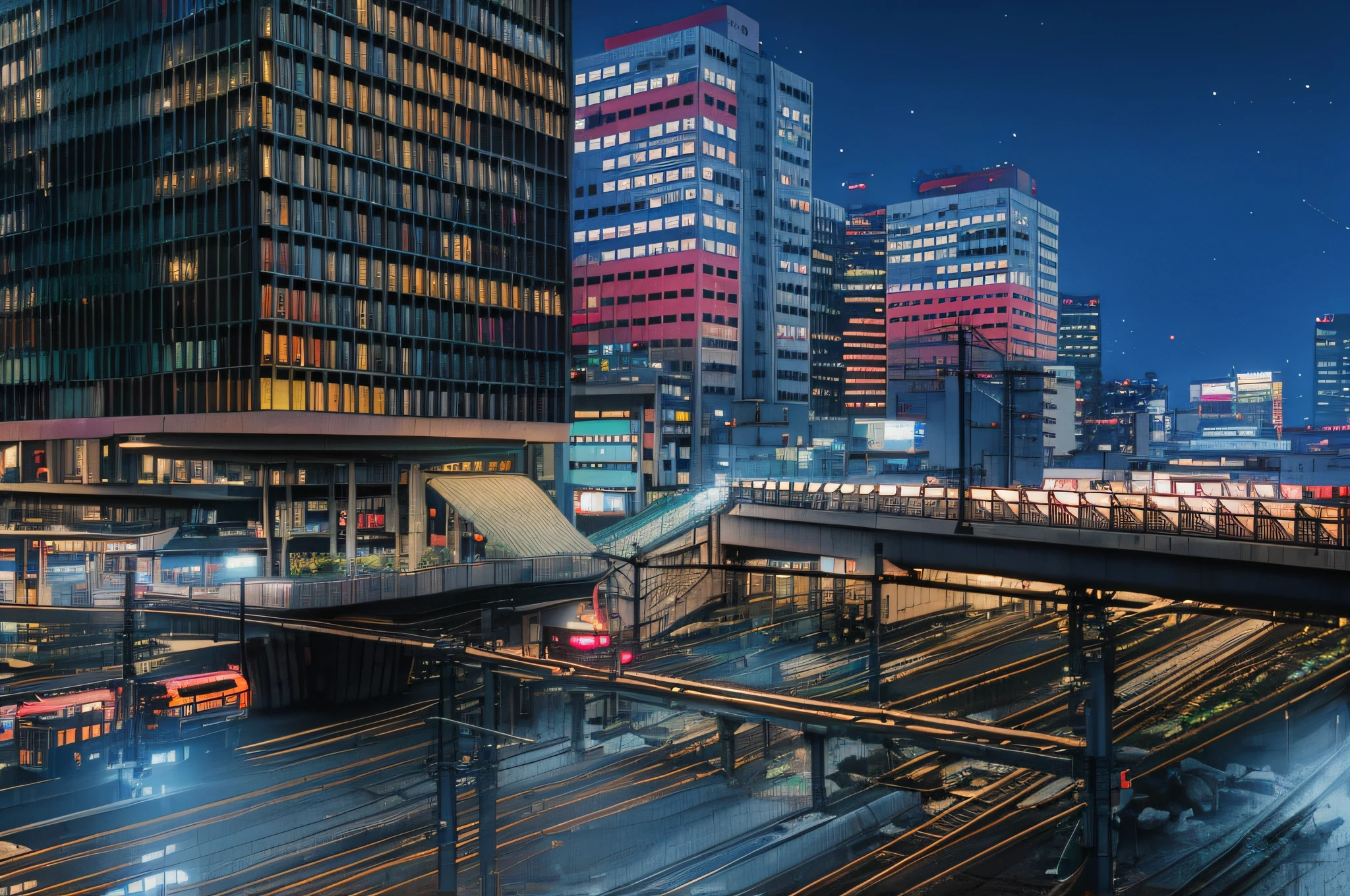 Ночной вид на вокзал с мостом и поездом, ночной Токио метрополия, японский город ночью, in Токио ночью, японский центр города, Токио ночью, Токио футуристический и чистый, оживленный городской пейзаж, такой, Окружение города, современный Токио, станция монорельсовой дороги, на крыше будущего Токио ночью, Токио – стильный город, в Неотокио