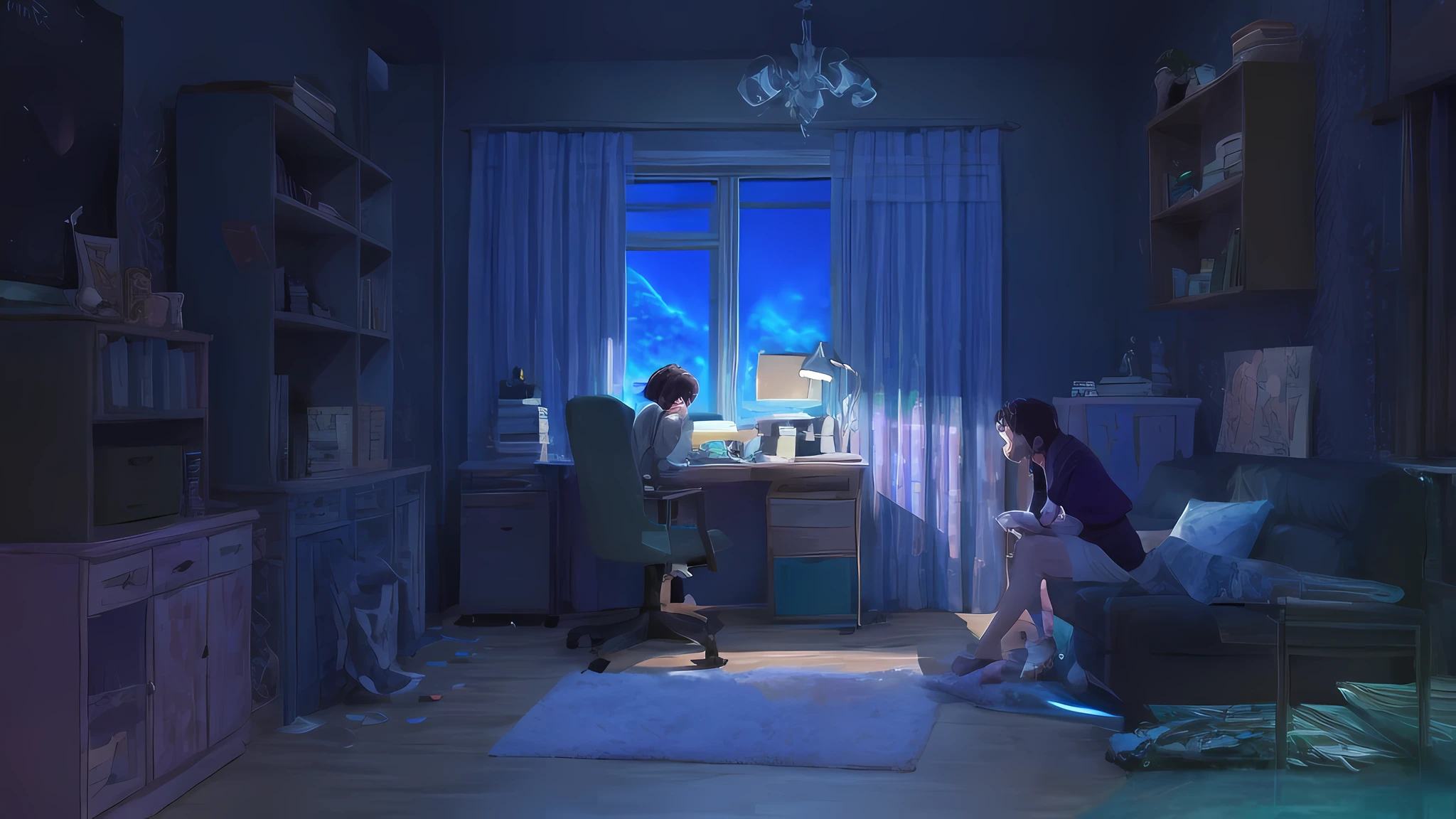 anime scene of a woman sitting in a chair in a room, anime background art, anime scene, anime art wallpaper 8 k, lofi art, anime art wallpaper 4 k, anime art wallpaper 4k, lofi artstyle, lo-fi art, makoto shinkai cyril rolando, guweiz and makoto shinkai, beautiful anime scene