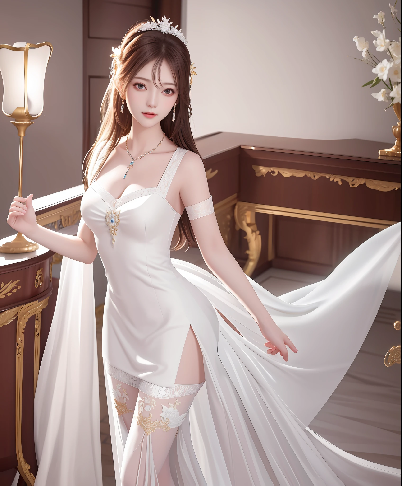 Best Quality, Masterpiece, High Resolution, 1 Girl, Porcelain Dress, Hair Accessories, Necklace, Jewelry, Beautiful Face, Physically, Tyndall Effect, Realistic, In a Palace Where the Immortals Live, Edge Lighting, Two-tone Lighting, (High Detail Skin: 1.2), 8K UHD, DSLR, Soft Light, High Quality, Volumetric Light, Voyeur, Photo, High Resolution, 4K, 8K, Background Blur, Full Body View, White Slip Stockings, Long Dress