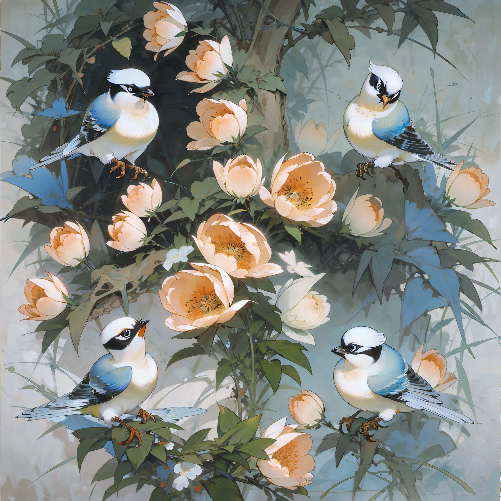 白色背景, 鬱金香花園裡的鳥兒, Toile de Jouy --ar 3:4——質量 .5 --自動 --s2