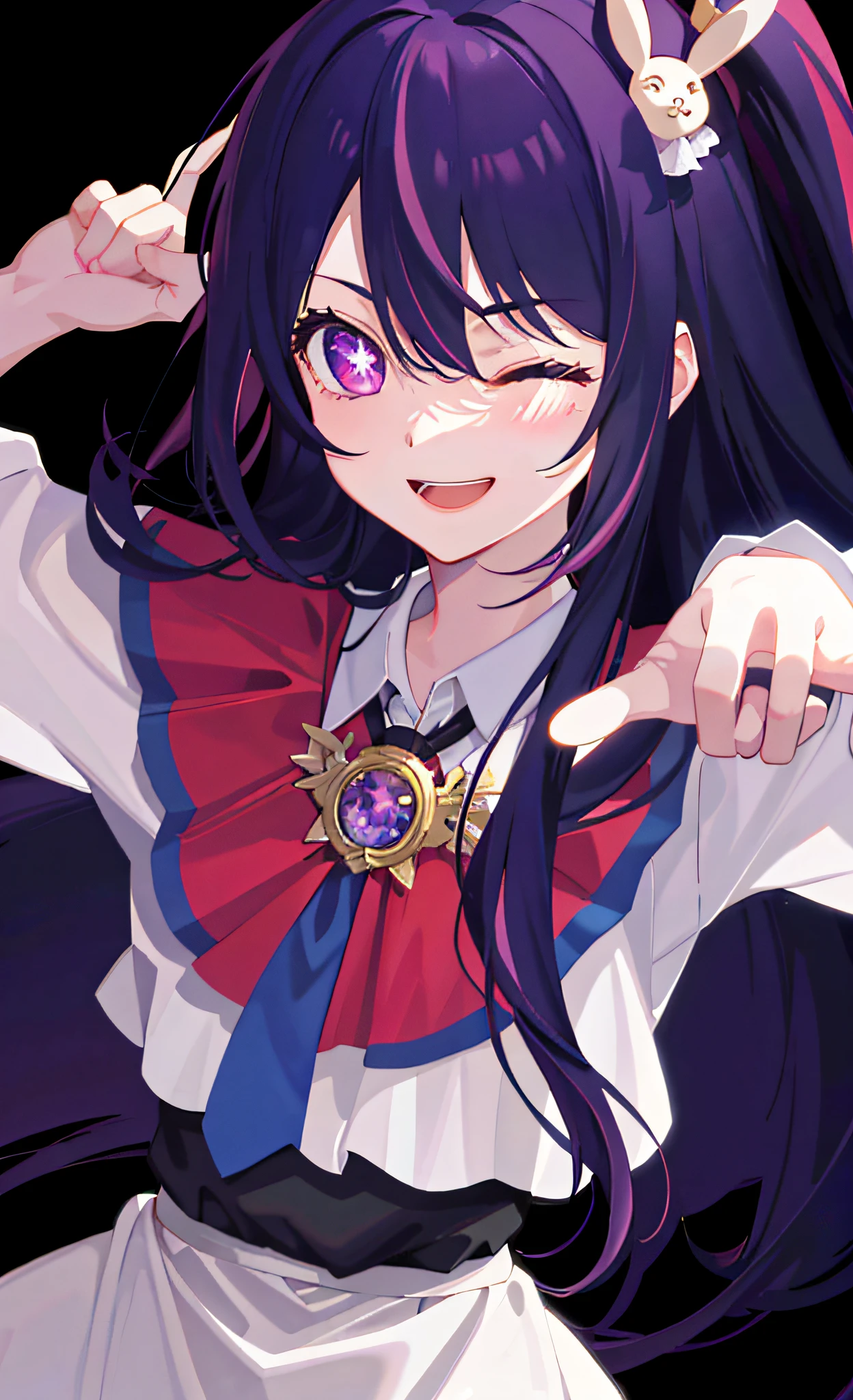 (best quality:1.4, masterpiece, 4k, details), Hoshino Ai, long hair, purple hair, streaked hair ,purple eyes, star-shaped pupils, hair ornament, on stage, smile, right hand pointing at camera, one eye closed, holding a mic with the left hand,close up shot, extremely detailed eyes, glowing eyes, highest quality digital art, Stunning art, wallpaper 4k