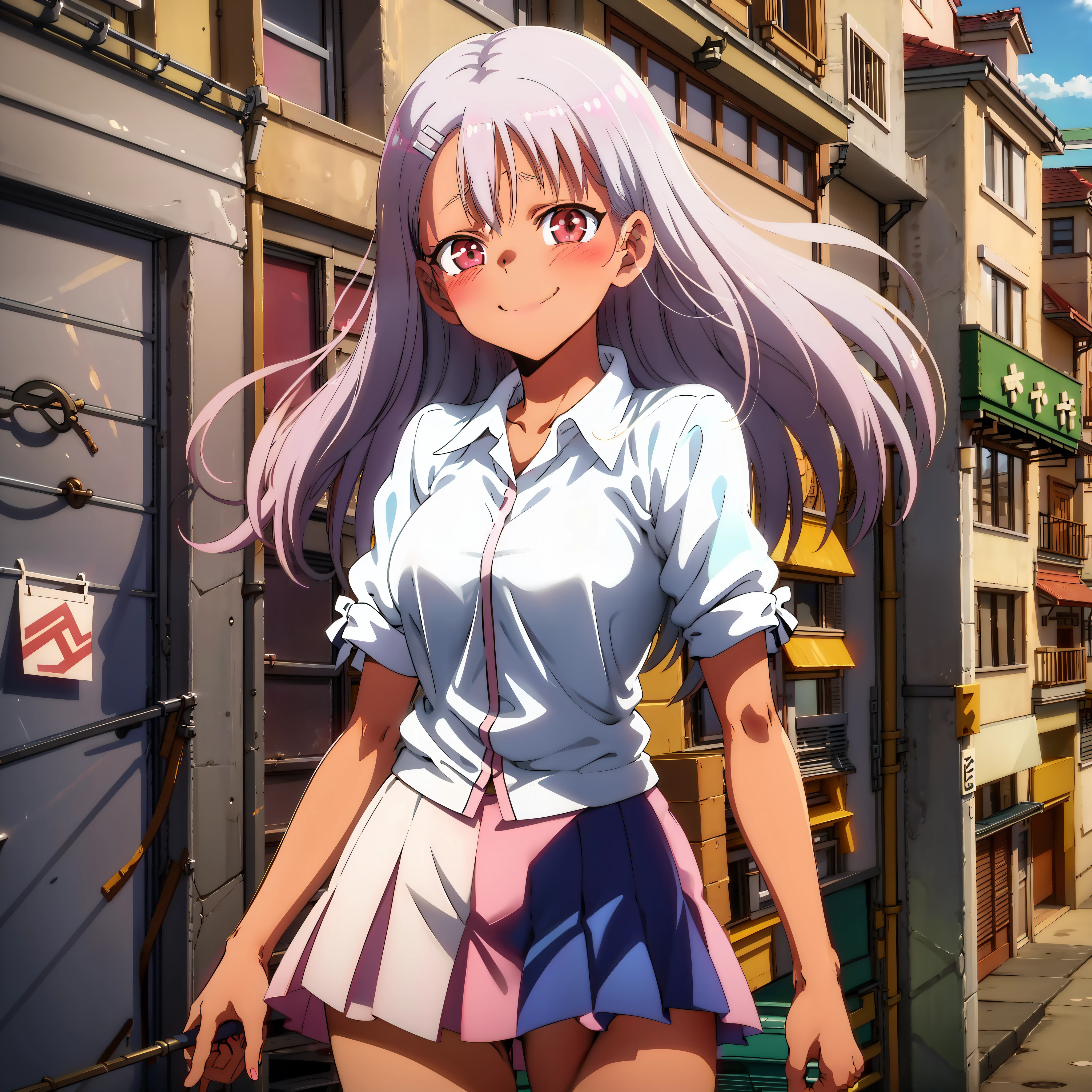 Beech nagatoro, mini skirt, pink underwear, standing on the street, white hair, smile, big eyes, skirt that rises by the wind, visible underwear