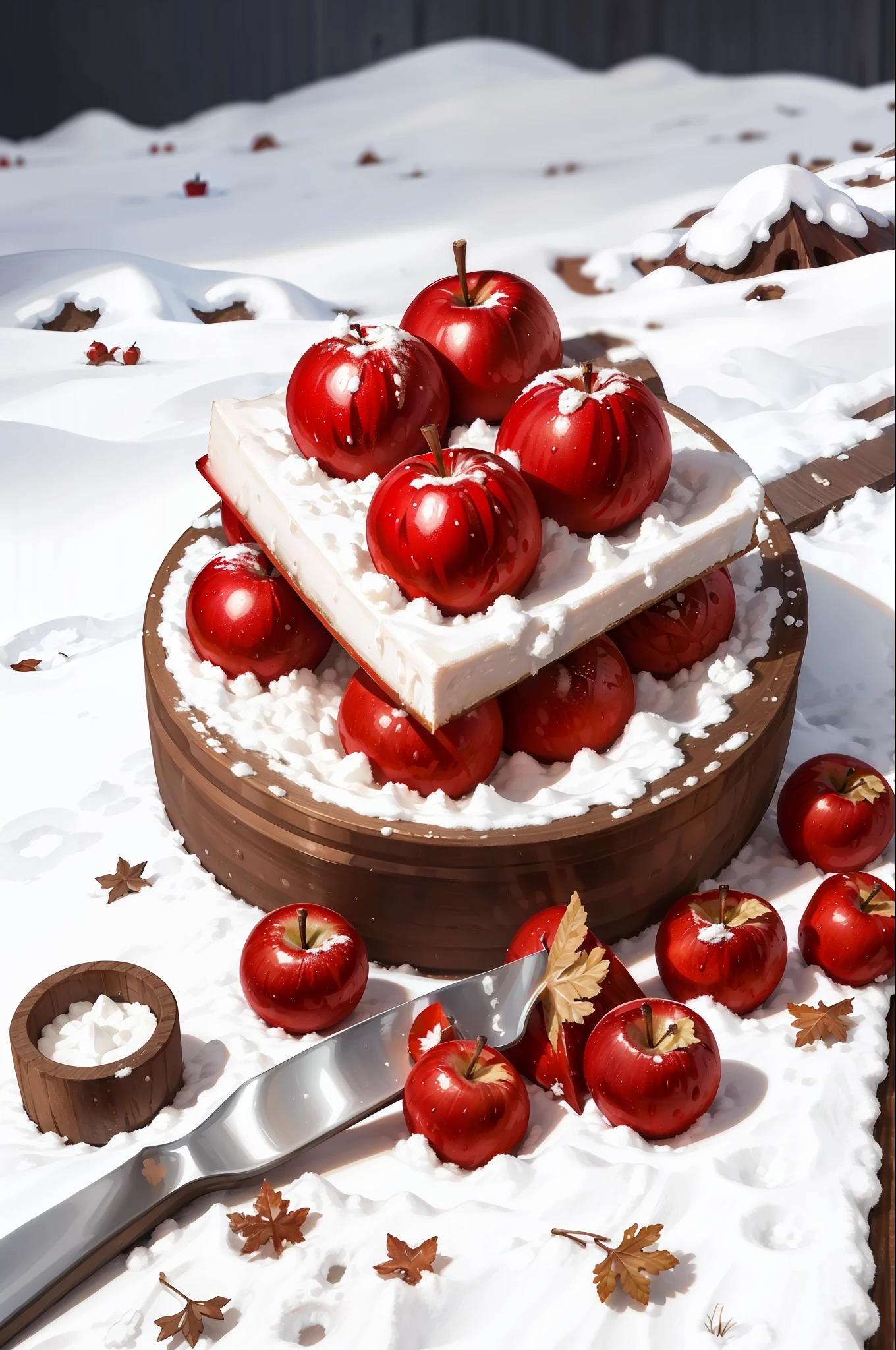 masterpiece, high quality, best quality, red apples, lying in snow, foodphoto, snow crystals at the edges of the picture