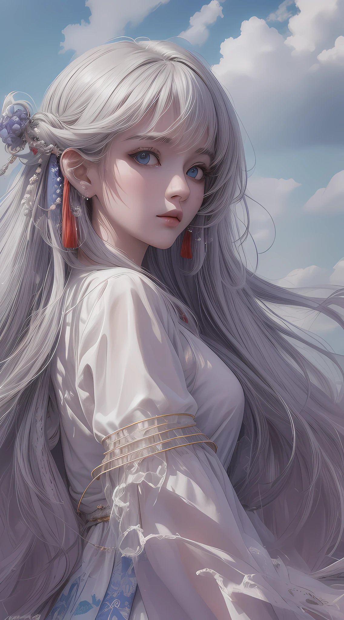 (very detailed CG unity 8k wallpaper, masterpiece, best quality), best illumination, insanely beautiful, floating, girl in white wuxia suits, blue eyes, multicolor hair (silver: 1.3 + red: 1.2 + purple + yellow: 1.3 + green: 1.3), beautiful face, too many drops of water, clouds, twilight, wide angle, watercolor.