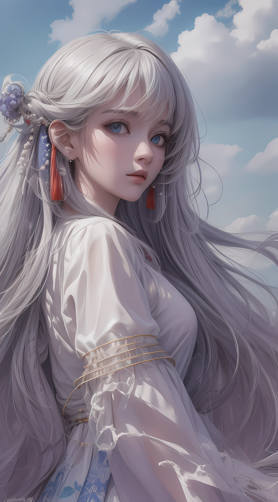 (fond d&#39;écran CG Unity 8k très détaillé, chef-d&#39;œuvre, meilleure qualité), meilleur éclairage, Incroyablement beau, Flottant, fille en costume wuxia blanc, yeux bleus, cheveux multicolores (argent: 1.3 + rouge: 1.2 + violet + jaune: 1.3 + vert: 1.3), beau visage, trop de gouttes d&#39;eau, des nuages, Crépuscule, grand angle, aquarelle.