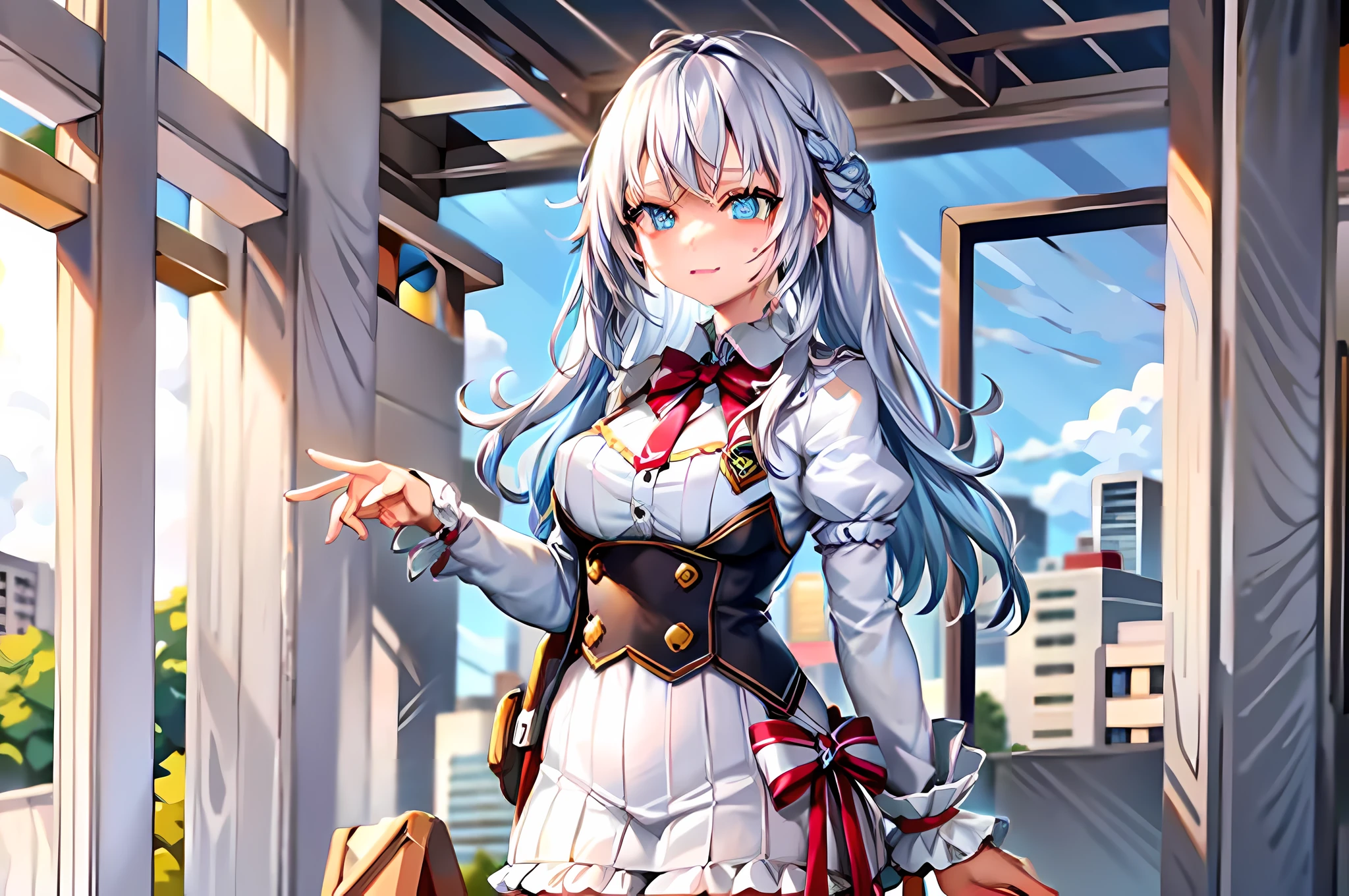 light-reflecting clothing, (light diffraction on skin: 1.35), (shiny skin: 1.55), (iridescence effect: 1.55), anime, a woman with white hair and blue eyes smiling seductively is standing in a room, , process art, seductive anime girl, loli in dress, visual anime of a cute girl, girl with perfect white hair,  Anime Moe Artstyle, fine details. Girls Frontline, From Girls Frontline, A Hyperrealistic Schoolgir, Anime Girl Wearing White Shirt with Blue Hair, Breasts, 1Girl, Escote, Camisa, Pelo largo, Blue Eyes, Drowning, Solo, Camisa blanca, Big Breasts, Wet, Wet Clothes, Blush, Short Sleeves, Bangs,(Masterpiece, Best Quality, Ultra-Detailed: 1.6), Illustration, (Solo, 1 Girl, Beautiful Detailed Eyes: 1.2), City, Street, Making a Heart with Fingers,  Expression of girl in love, , plump, big butt