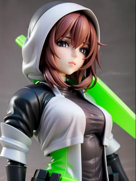 Girl, wearing a hood, neon color, holding a weapon, machine, white background, no background,