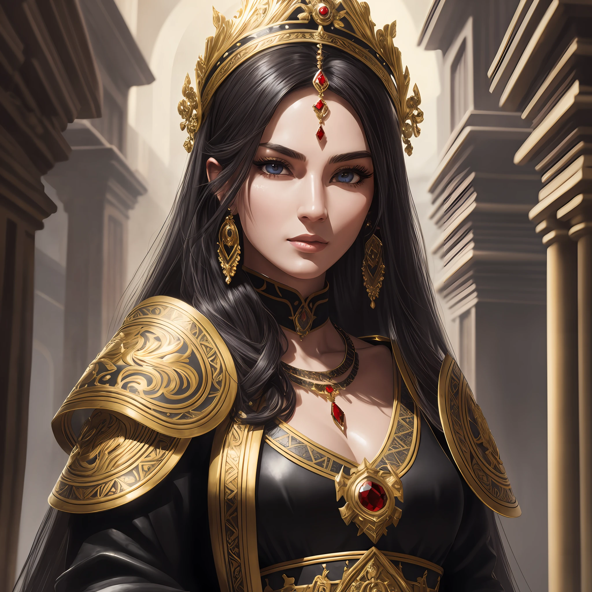 woman, solo, ((very detailed face))), ((very detailed eyes and face))), unified 8k wallpaper, HDR, OCtane renderer, an ancient palace, wearing black robe armor, red and black color scheme, very detailed palace background, detailed face, detailed complex busy background, messy, gorgeous, dark gold, highly detailed skin, realistic skin details, visible pores, clear focus, volumetric fog, 8k uhd, DSLR, high quality, Fair skin, photorealism, lomography, vast huge palaces --auto --s2