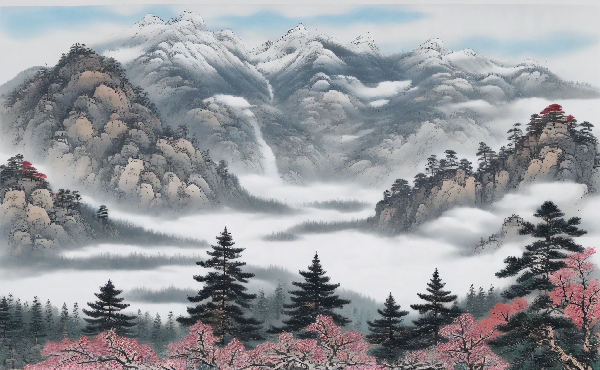 ((masterpiece)), ((best quality)), ((high-res)),((extremly details)), ((Ink wash)), ((artist)), a painting of longly mountain and pine_tree, Branches, phi_humans, outdoor, landscape, birds, Fall,river, Indigo pigment, zulishisong_style_mountains