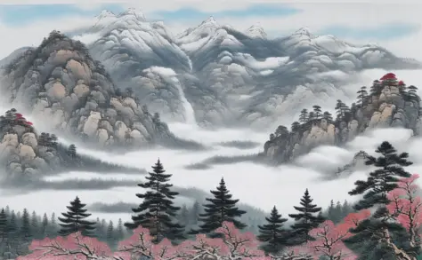 ((masterpiece)), ((best quality)), ((high-res)),((extremly details)), ((Ink wash)), ((artist)), a painting of longly mountain an...