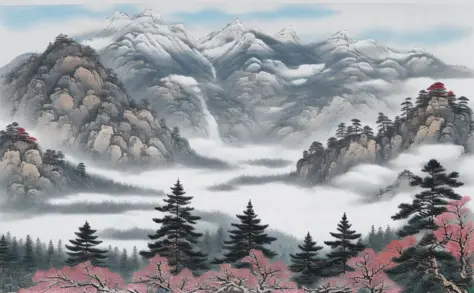 ((masterpiece)), ((best quality)), ((high-res)),((extremly details)), ((ink wash)), ((artist)), a painting of longly mountain an...