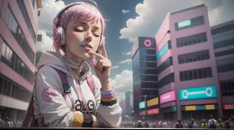 woman with peace sense headset, closed eyes, beautiful face, rgb colors, anime pink hair, banner for youtube video, happy girl, ...