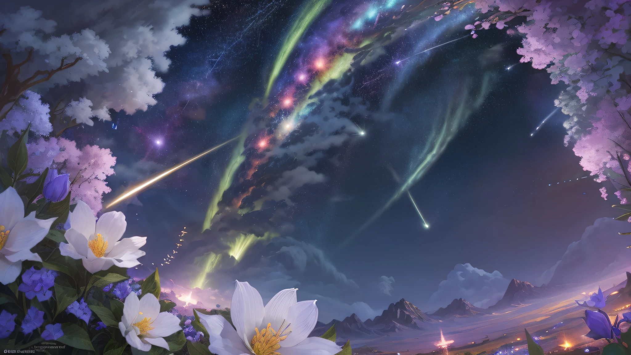 (zoomed out:1.1), (meteor shower:1.2), (comet:1.1), low angle, aroura borealis, shooting star, cloud, colorful, starry, stars, night, flower field, flower blossom, night sky, beautiful flowers, night theme, Surrealism, high detail, from below, from below, Hyperrealism, Impressionism, best quality, masterpiece, UHD, retina, award winning, 4K, anatomically correct, super detail