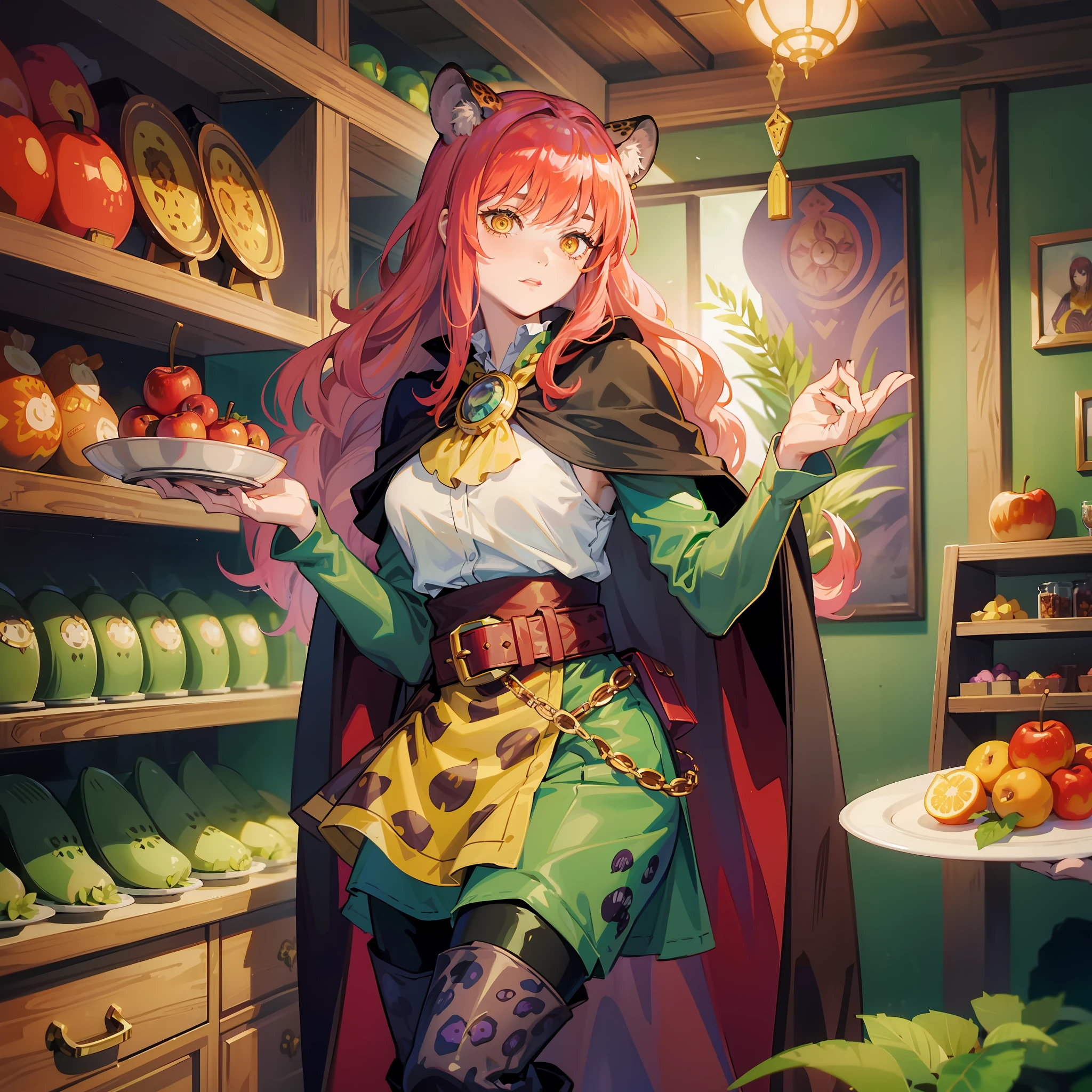 Makima, medieval times, animals, food, tunic, dark green velvet, tight pants, leopard print cape, black leather high boots, fruit and vegetable accessories, brooches and pins, golden apple, grape bunch, belt with plate-shaped buckle, bag with culinary pattern print, red hair, sexy, would be