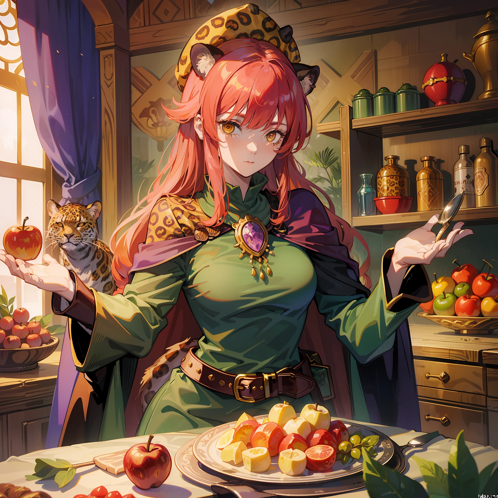 Makima, medieval times, animals, food, tunic, dark green velvet, tight pants, leopard print cape, black leather high boots, fruit and vegetable accessories, brooches and pins, golden apple, grape bunch, belt with plate-shaped buckle, bag with culinary pattern print, red hair, sexy, would be
