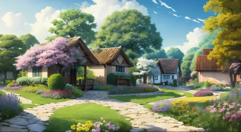 masterpiece,best quality,official art,extremely detailed CG unity 8k wallpaper,outdoors, animal, spring \(season\), cloudy sky,studio ghibli, garden,village,