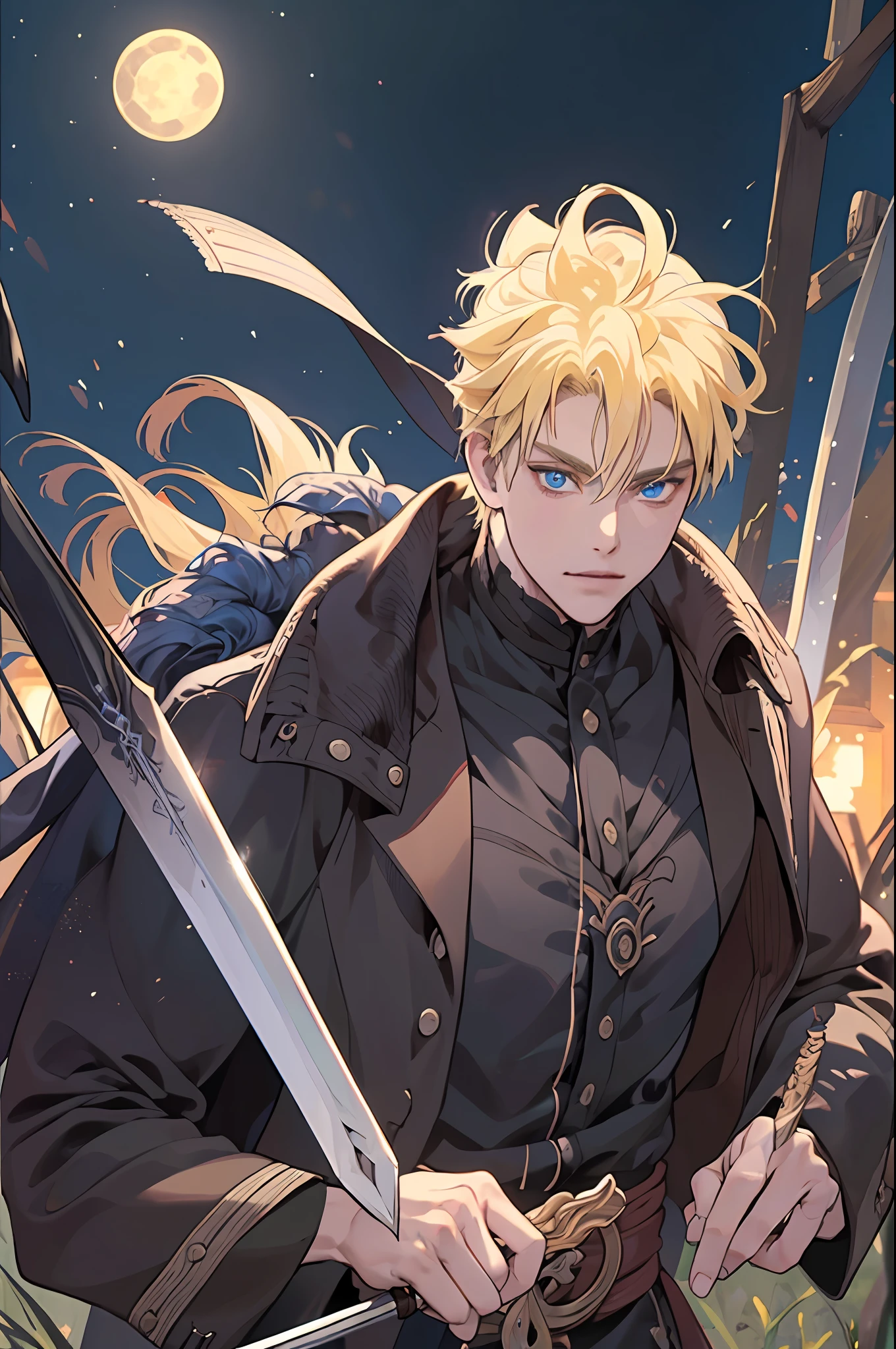 Masterpiece, Best Quality, Night, Full Moon, 1 Man, Mature Man, western Style, victorian male outfit, king, Blonde Hair, Blue Eyes, short Hair, Handsome, Handsome, Masculine, Smirk, Gentle, Tall, Calm, Black Clothing, Prince, (((hold Sword))), naruto uzumaki