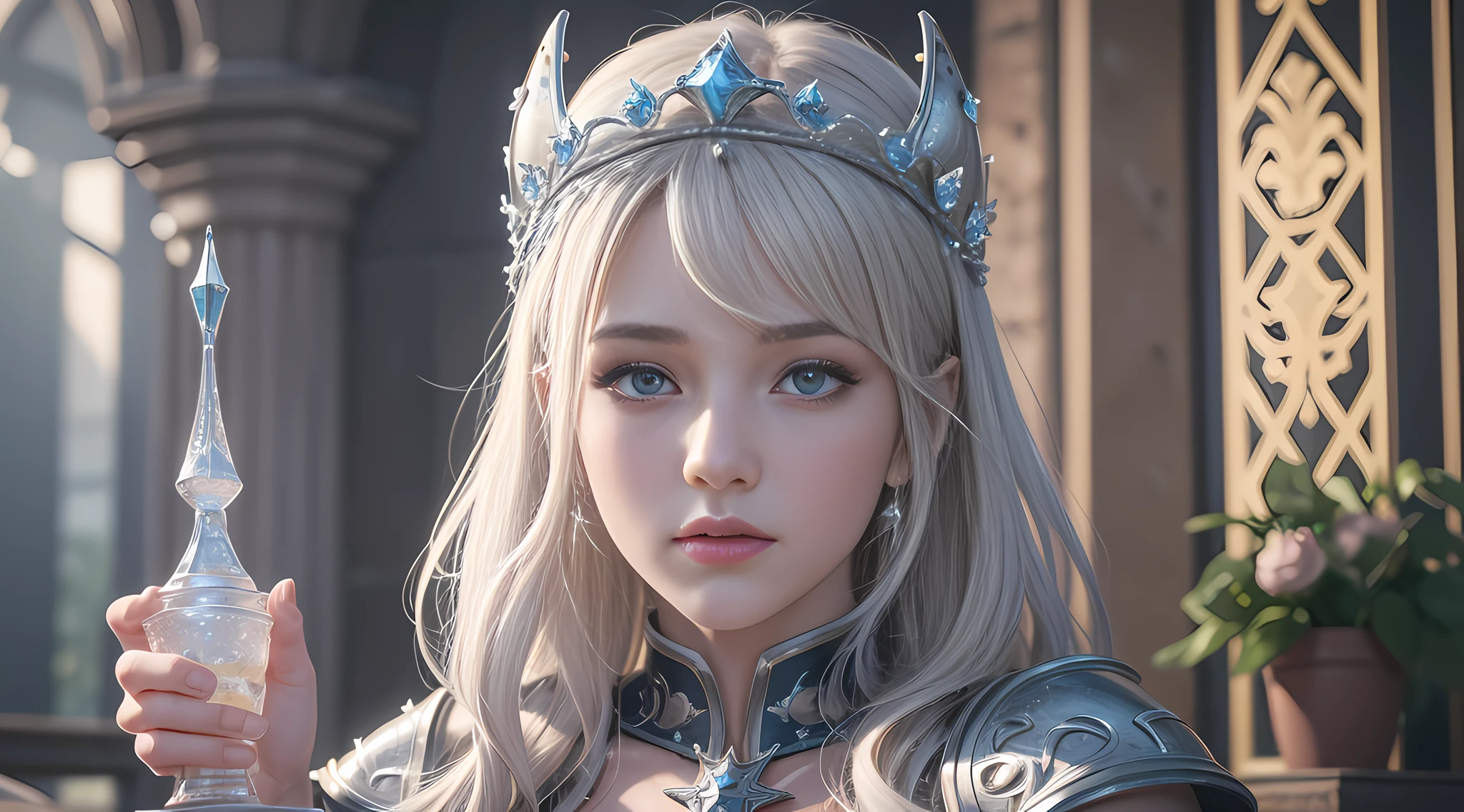 1girls, very detailed depiction of a beautiful fantasy girl in ice crown and ice armor ice, girl with fire crown, fantasy character portrait, fantasy castle looking at the audience, high resolution, superb, 8k wallpaper, very detailed, intricate, unreal engine 5, volumetric lighting, realistic, realistic lighting, cinema, 4k, cinematic lighting, 8k, depth of field, 3d, perfect, award-winning, ultra-detailed, realistic, ultra-realistic, photorealistic lighting, bright light, complex detail, stop motion, super focus, tonemapping, sharp focus, hyper detailed, detailed eyes, eyes focus, (illustration:1.1), highres, (extremely detailed CG unity 8k wallpaper:1.1), (beautiful face:1.15), (cowboy_shot:1.5), torino_ Style (nixeu_soft:0.8), (nixeu_white:0.8), (appropriate posture)