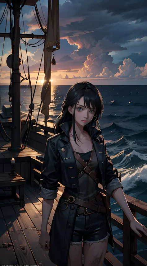 Dramatic lighting, high-quality film stills (charming Anne Bonnie, wearing dirty tattered pirate clothes, standing on the deck of a pirate ship moored in a Caribbean port), dirty, dark atmosphere, toned body, (torn clothes: 0.8), perfect face looking at th...