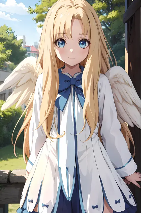 filo, anime style girl, upper body, 1girl, solo, happy, white wings, hite dress, blue bow, long hair, blue eyes, looking at view...