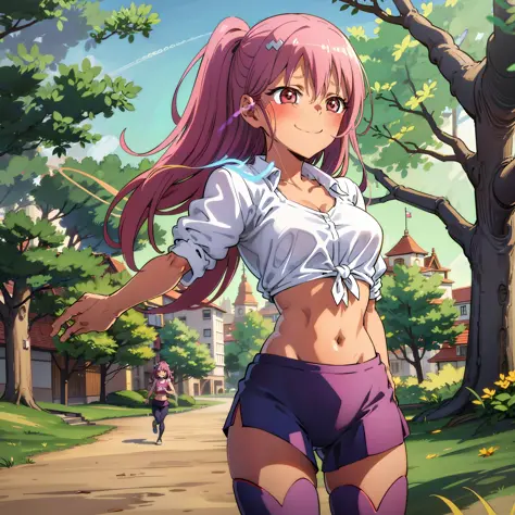 Loli, pink hair, small waist, small bust, big thighs, leggings, tied hair, smile, running in the park, small top,{ high quality,...