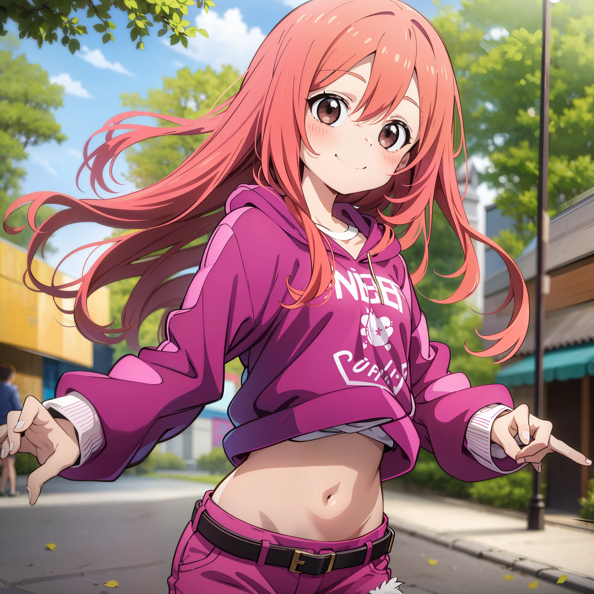 Loli, pink hair, small waist, small bust, big thighs, shorts, long hair, smile, running in the park, defined abdomen, high quality