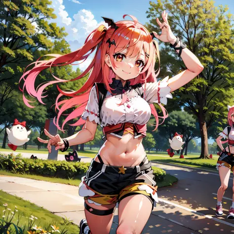 loli, pink hair, small waist, small bust, big thighs, shorts, long hair, smile, running in the park, defined abdomen, high quali...