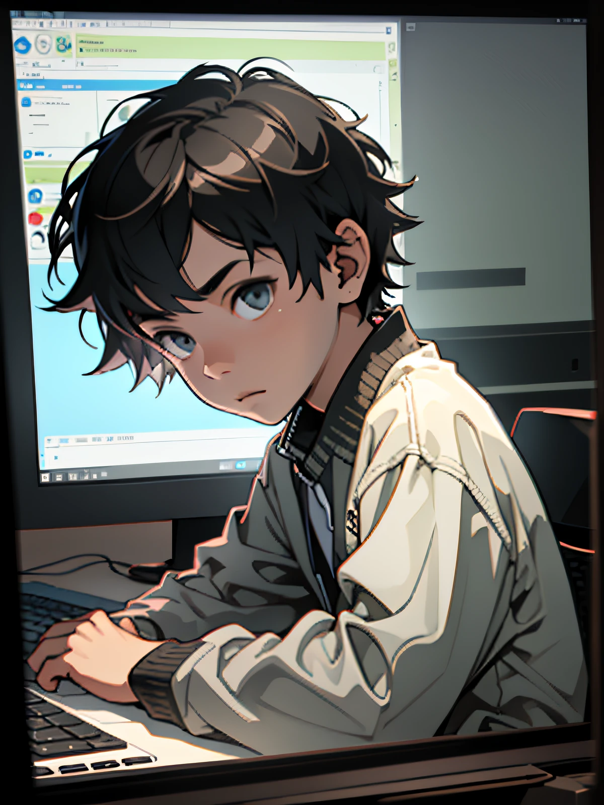 (best quality) A young boy, (meticulously detailed) sits in front of his (high-tech) computer, (dramatic shadow) casting across his face as he concentrates on the screen. --auto --s2