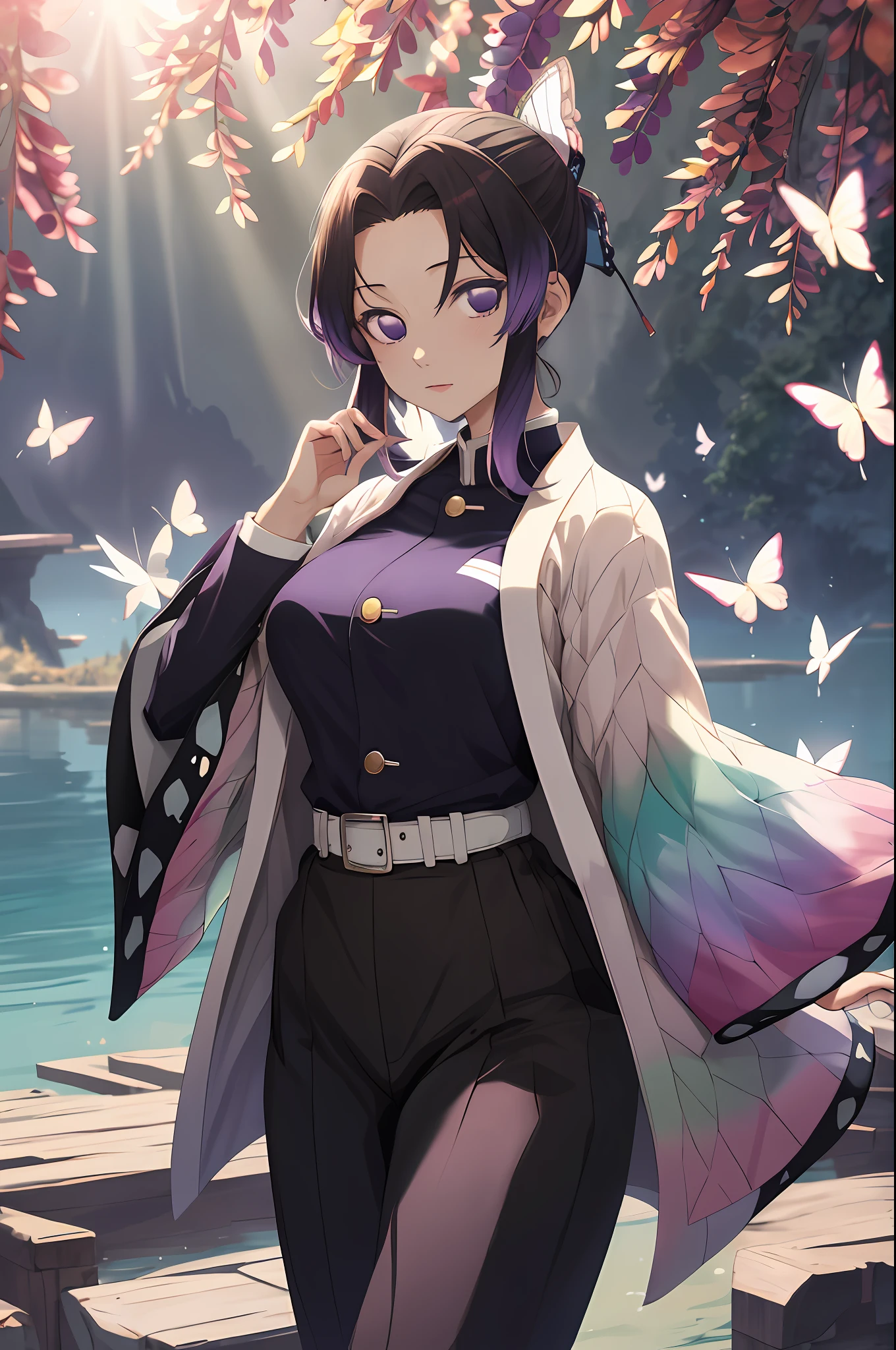 Kochou Shinobu, 1girl,masterpiece, multicolored hair, long sleeves, purple eyes, black jacket, high waist black pants, uniform, white haori, Japanese clothes, multiple butterflies, buttons, belt, lake, sunset, lens flare, perfect lighting, highest quality, hands behind, thick thighs, large breasts, highest quality, high resolution.