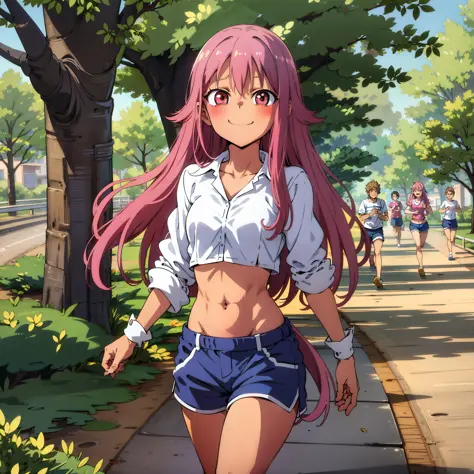 Loli, pink hair, small waist, small bust, big thighs, shorts, long hair, smile, running in the park, defined abdomen, high quali...