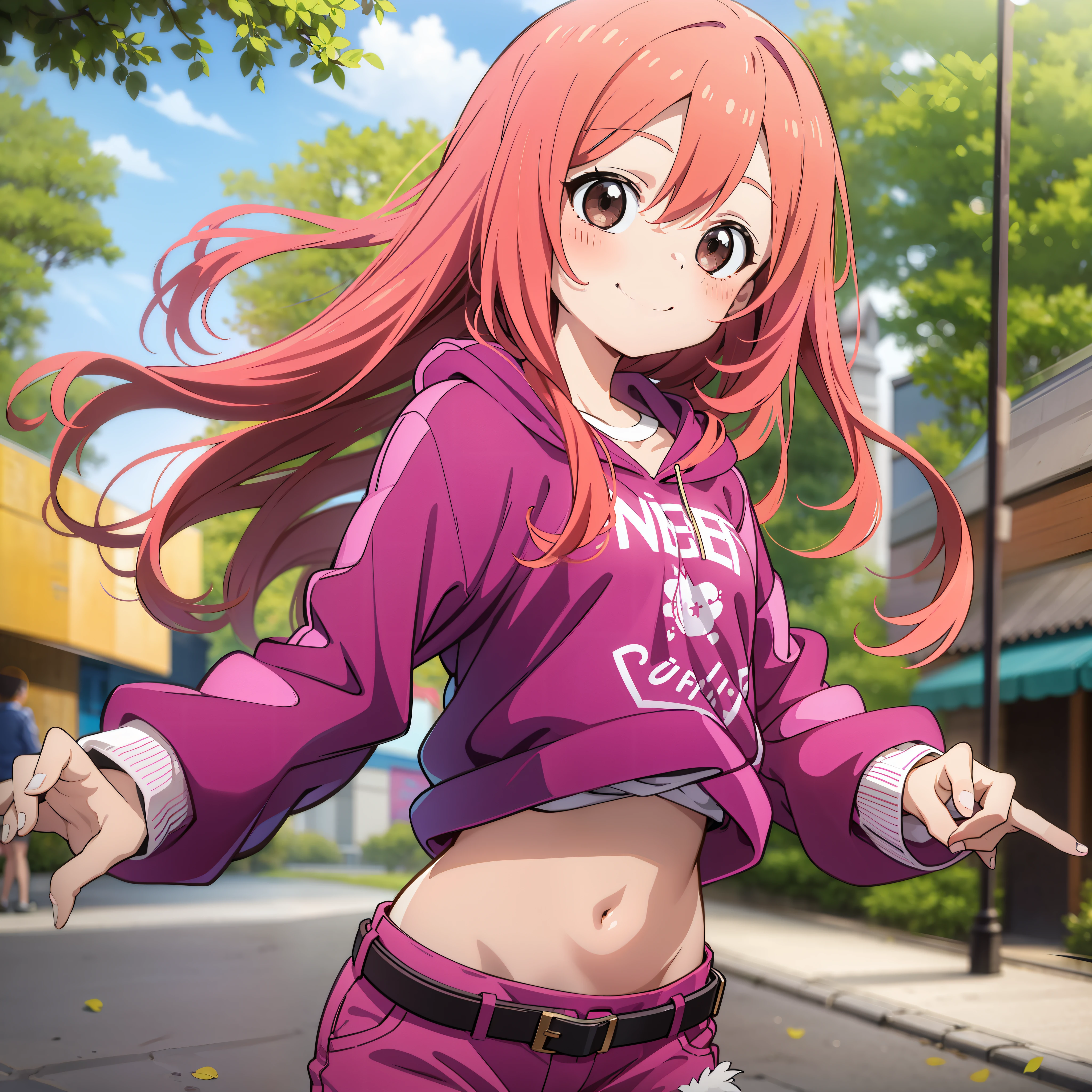 Loli, pink hair, small waist, small bust, big thighs, shorts, long hair, smile, running in the park, defined abdomen, high quality