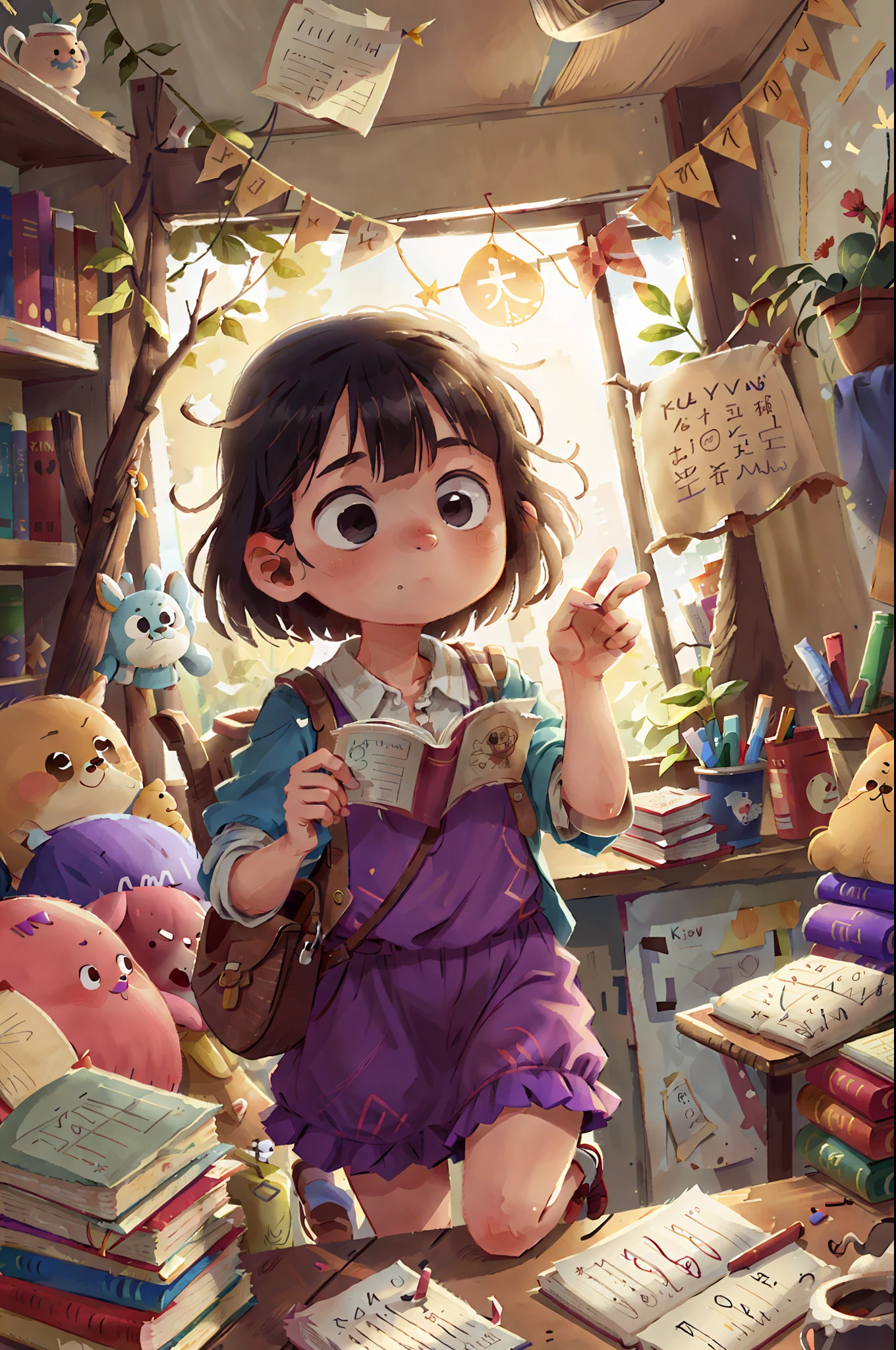 Anime girl in a library with lots of books and stuffed animals - SeaArt AI