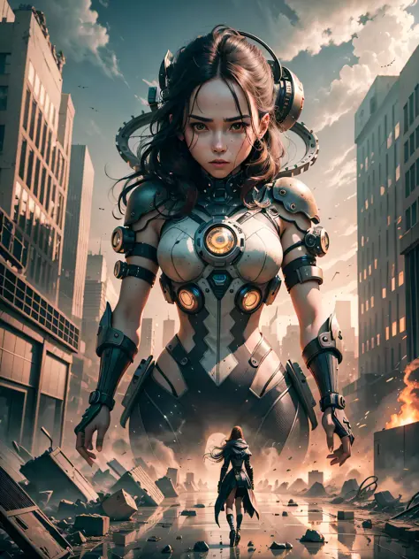 A mysterious woman emerges in a dystopian and confusing setting. Her body is made up of watch guest parts, merging perfectly with her skin. Each gear rotates continuously, creating a constant mechanical motion. It is surrounded by a chaotic landscape, with...