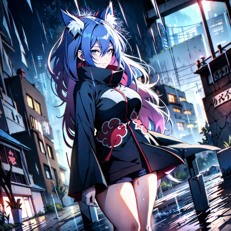 dead buildings in the background, buildings without light, top of a building, mist, rain, heavy rain, storm, , night, akatsuki c...