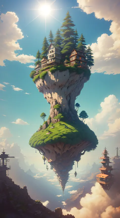 (((Laputa))), floating in ((air)), Hayao Miyazaki style, Studio Ghibli, Unreal Engine 5, ((clouds)), ((sunlight)), ultra-detailed, most Good picture quality.