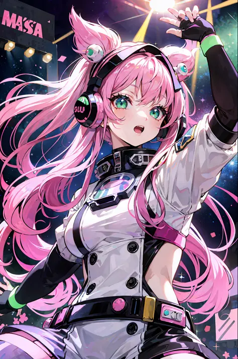 Idol in NASA spacesuit decorated in Harajuku fashion, long pink hair, twin-tailed hairstyle, very cute face, big green eyes, long eyelashes, dancing on dance stage, live house lights, wide spaceship interior background, large audience