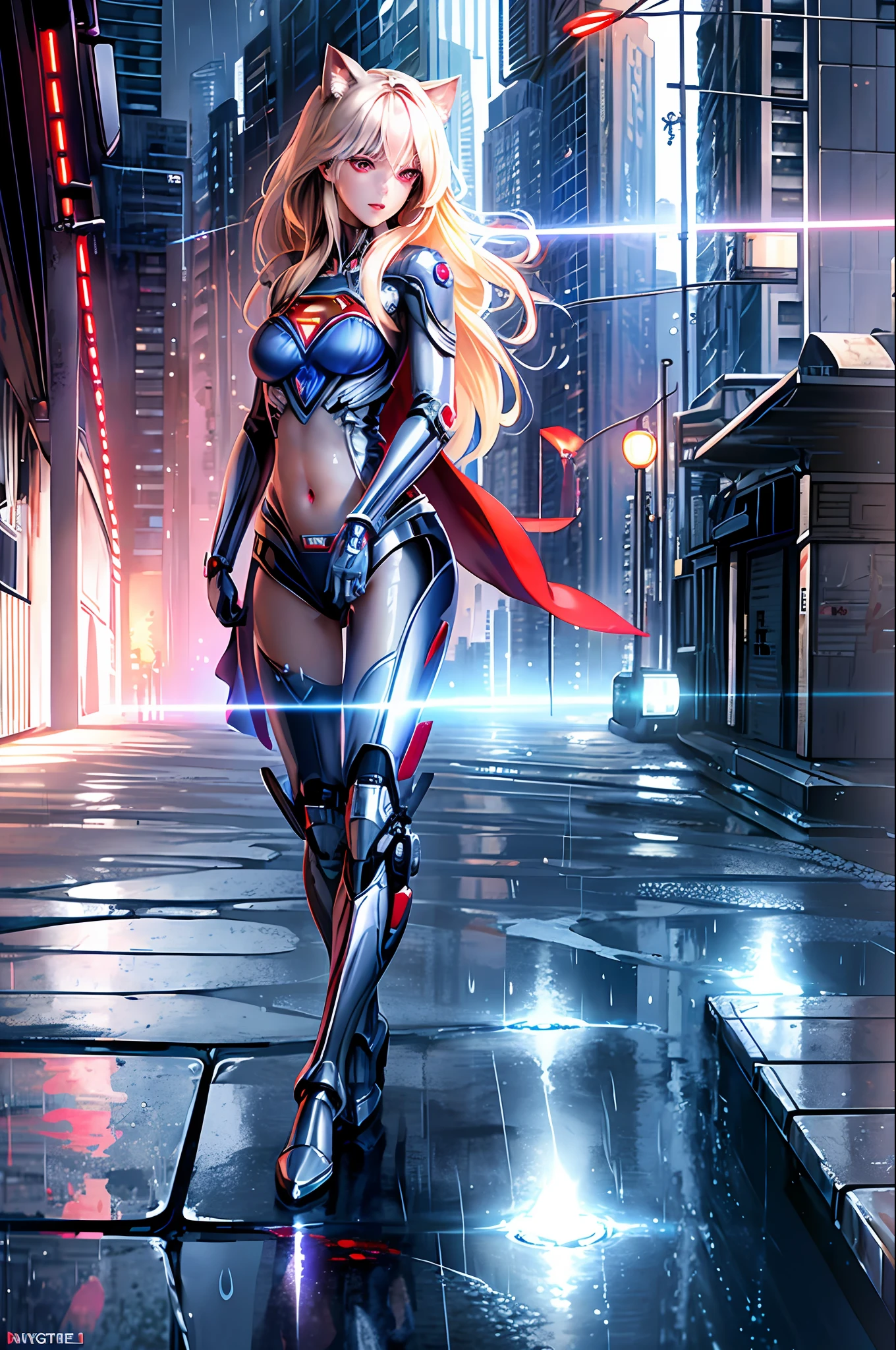 ((Supergirl masterpiece)), (((best quality))), ((ultra-detailed)), ((illustration)), reflection, sharp focus, front lighting, intense shadows, realistic (beautiful detailed blue eyes), eyelashes, an extremely delicate and beautiful girl, cat ears, ((red eyes)), blonde hair, long hair, navel, large shiny skin, mecha_musume, machanical_parts, robot_joints, transparent embroidered silver letter|white latex suit, with superman S on the chest,  cinematic lighting, ray trace, depth of field, dynamic angle, looking at the viewer, (((Cyberpunk City))), (((The Best Building))), (((Rain))), (Blood on the face)