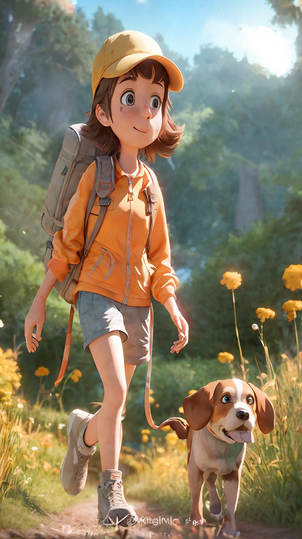 cartoon girl walking with a dog on a trail in a field, small character. unreal engine 5, animation style render, atey ghailan 8 k, childrens art in artstation, adventure hyper realistic render, adorable digital painting, cute 3 d render, female explorer mini cute girl, cute detailed digital art, inspired by Atey Ghailan