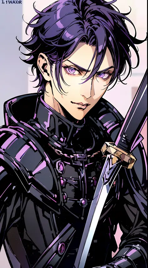 A gorgeous man, age 20, perfect face, black hair, purple eyes, wearing armor, with a sword on his back, 2D, 4k, award-winning di...