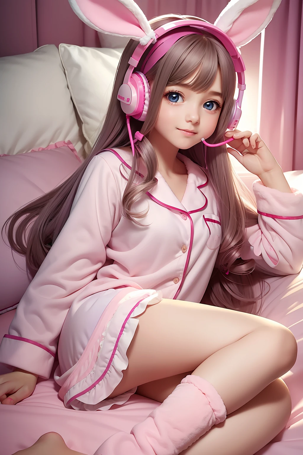 A super cute image captures a girl sitting on her bed, wearing plush pajamas. Her eyes sparkle with joy as she wears a large pink headset shaped like rabbit ears. Every detail is portrayed with realism, from the soft textures of the pajamas to the delicate details of the headset. The scene is like a cozy dream --auto --s2