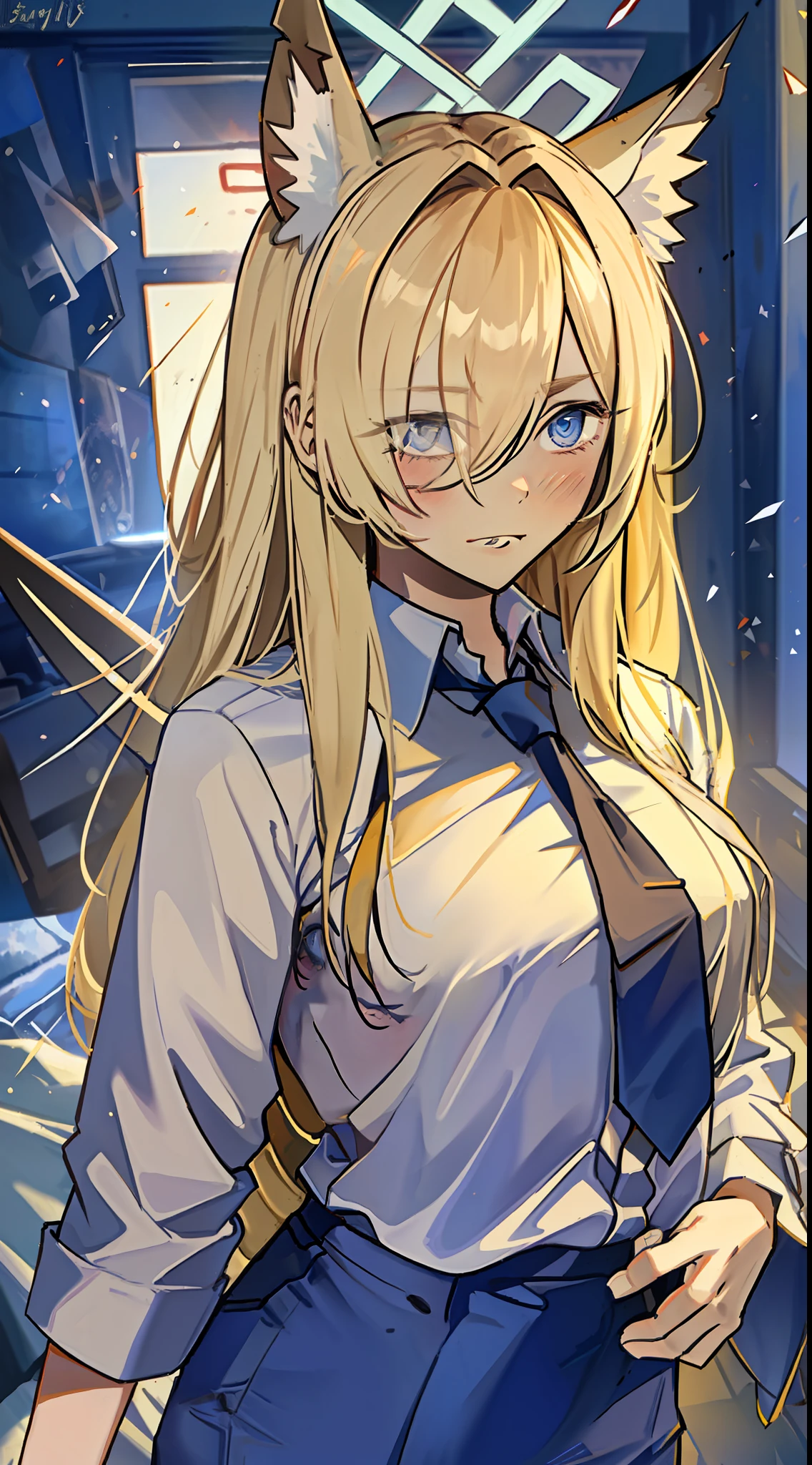 (Masterpiece, top quality: 1), 1 girl, solo, tail blade kanna, long-haired, fox ears, blush, white collar shirt, tie, slacks, halo, hair above one eye, animal ear fluff, blond hair, sharp teeth, look at the viewer, chest, smile