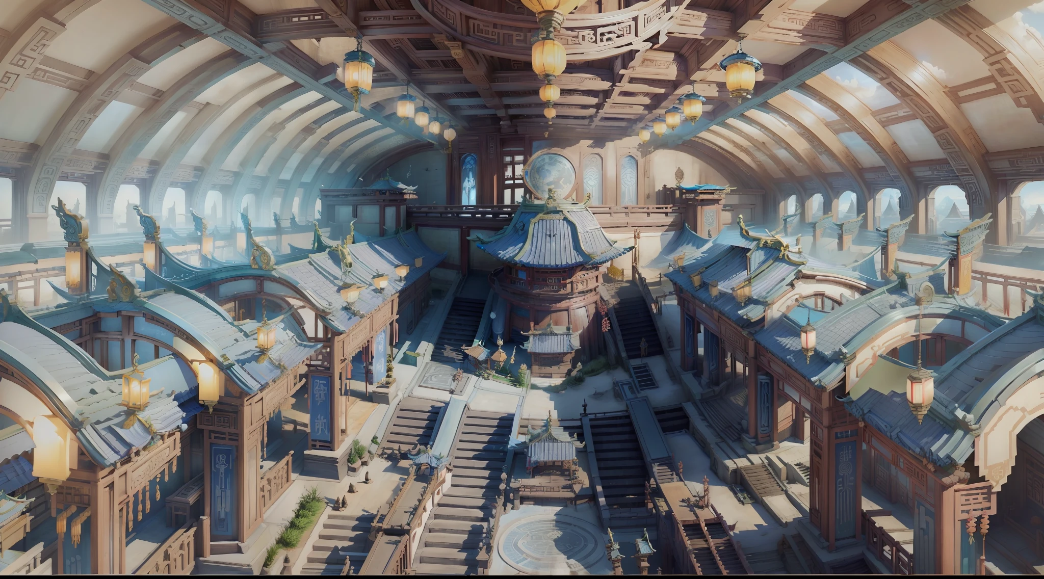 Monde immortel, Royaume du ciel, tons bleus et blancs, style science-fiction, Architecture chinoise ancienne, scène de labyrinthe intérieur, vue de dessus