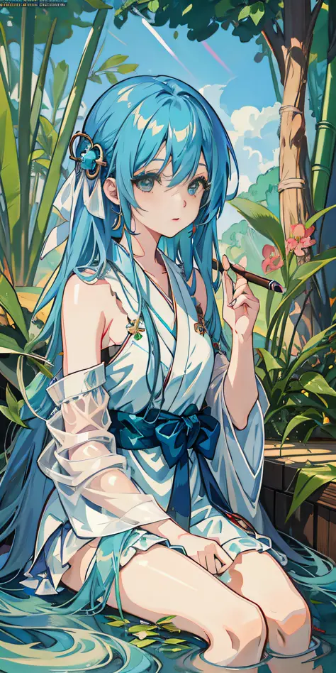 anime girl sitting in water with cigar and blue hair, mikudayo, anime goddess, pixiv daily ranking, anime girl with teal hair, anime illustration, anime style illustration, pixiv, pixiv contest winner, pixiv style, japanese goddess, in kimono, alphonse muc...