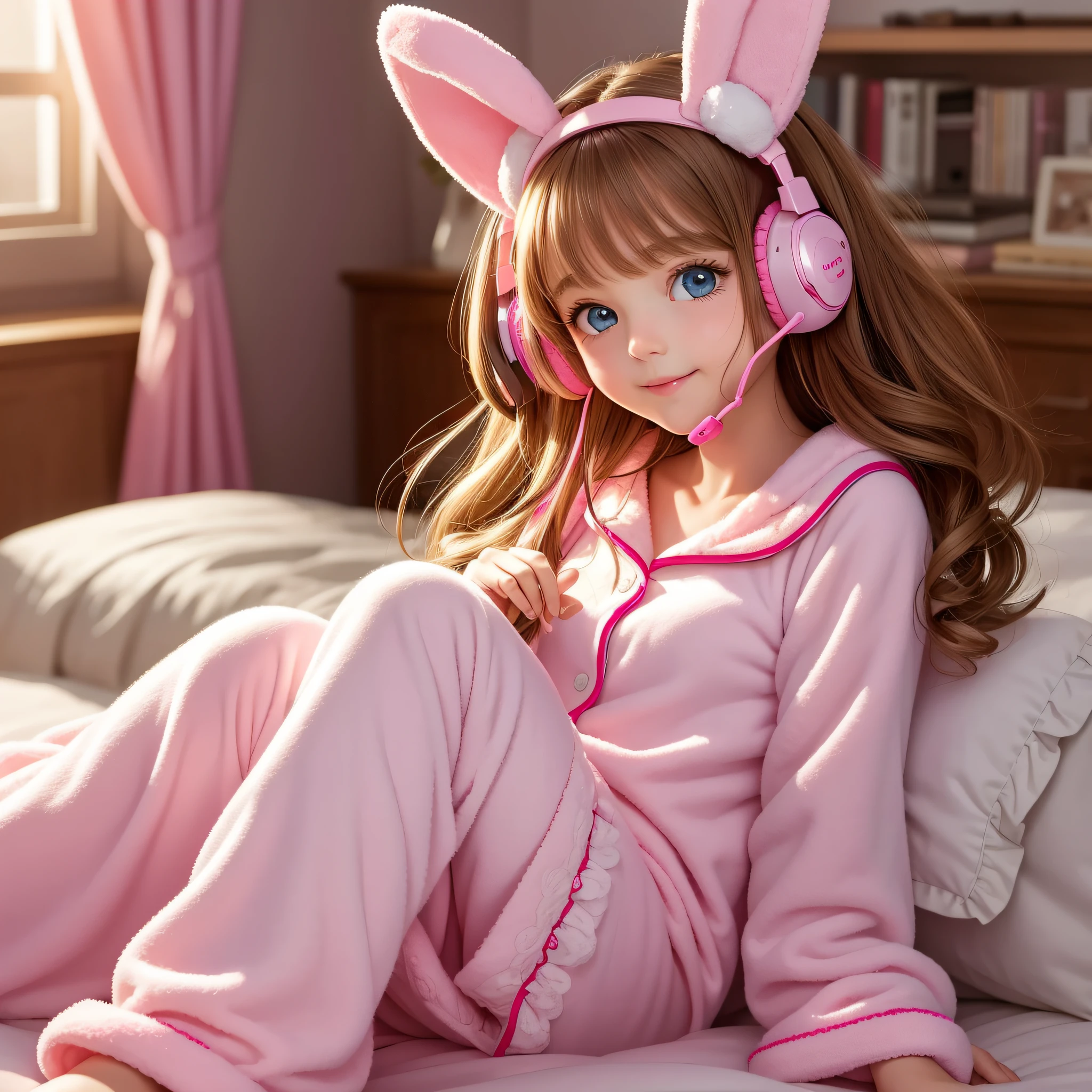 A super cute image captures a girl sitting on her bed, wearing plush pajamas. Her eyes sparkle with joy as she wears a large pink headset shaped like rabbit ears. Every detail is portrayed with realism, from the soft textures of the pajamas to the delicate details of the headset. The scene is like a cozy dream --auto --s2