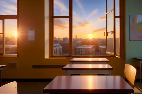 ((Masterpiece, Best Quality, Ultra Detail, Ultra High Resolution, Detailed Background)) Masterpiece, High Resolution, High Quality, Classroom, Sunset Shining Into the Window, Playground Outside the Window
