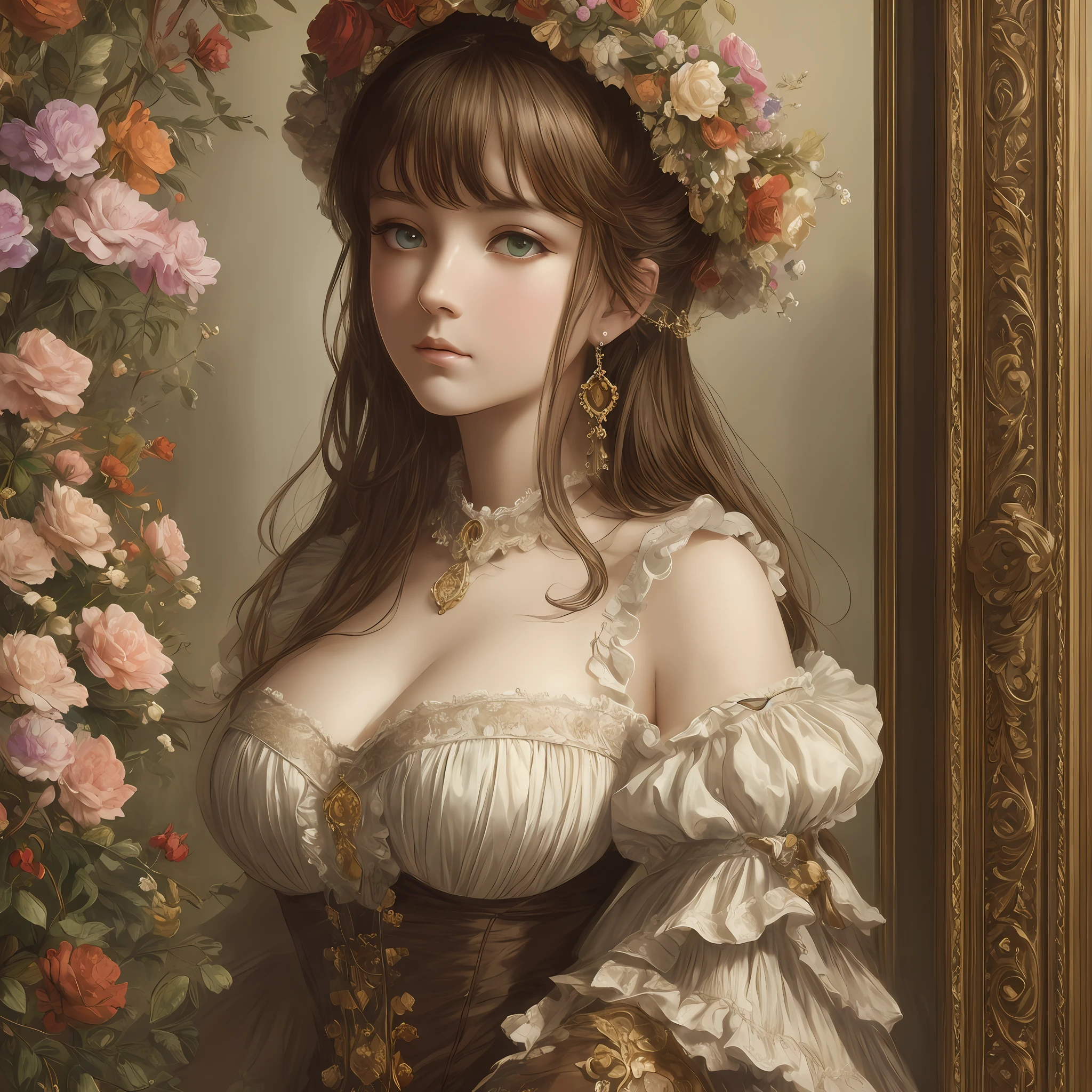 (Pure Color: 0.9), (Color: 1.1), (Masterpiece: 1,2), Best Quality, Masterpiece, High Resolution, Original, Highly Detailed Wallpaper, Beauty, Victorian, Dress, Sad, Big Breasts, Sepia Color, Oil Painting, 30 years old --auto --s2