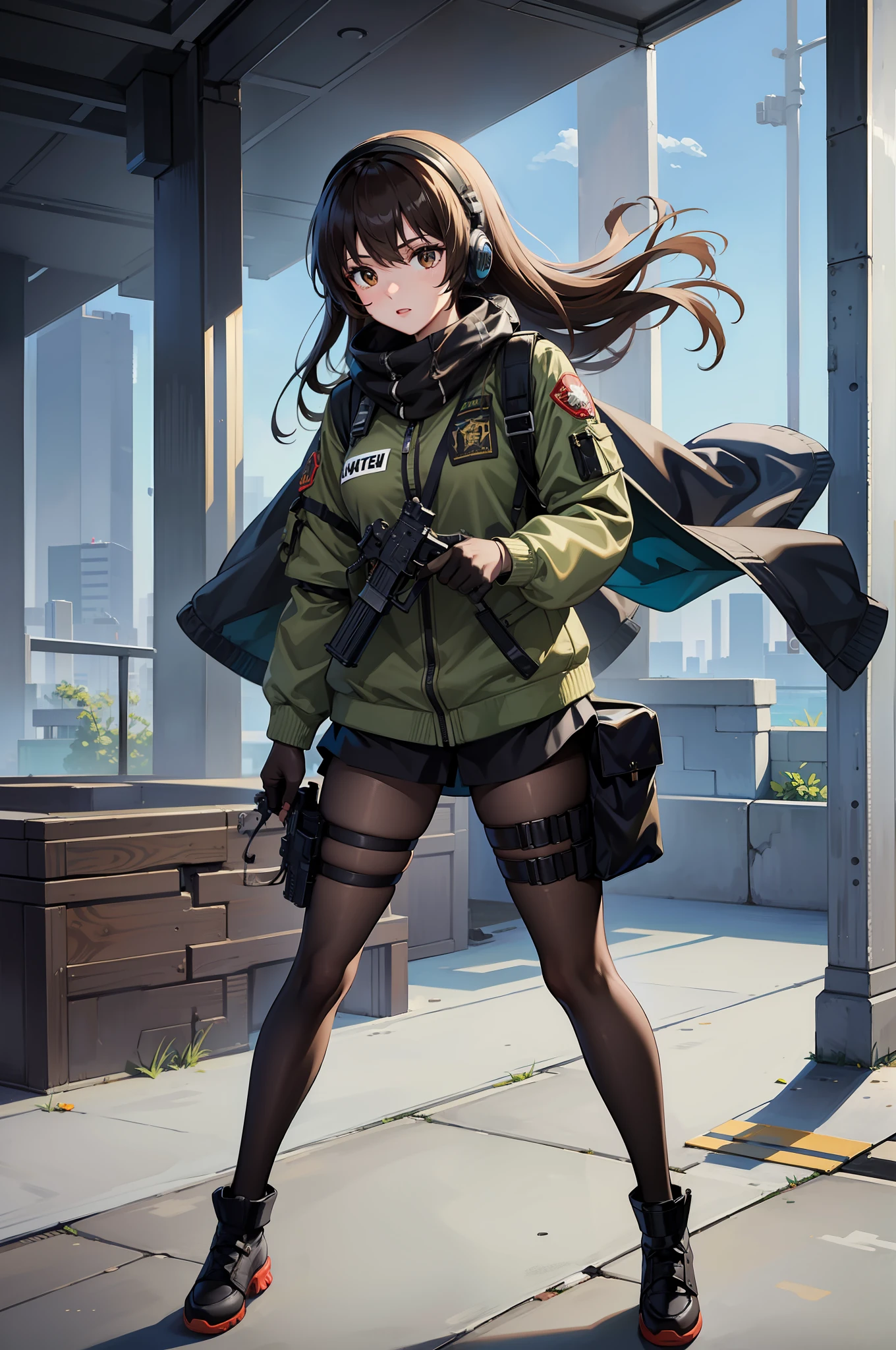 ((best quality)), ((masterpiece)), ((high res)), 1girl, muslim, brown eyes, full body, gloves, black hair, gun, handgun, headset, heckler & koch, holding and aiming gun, holding weapon, holster, kochiy sanae, pistol, solo, suppressor, thigh holster, thigh strap, trigger discipline, weapon, medium hair, matching pantyhose, tights