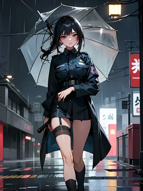 (Best Quality, Masterpiece: 1.3), 1 Girl, this painting depicts a woman in a police uniform standing in the rain, presenting the...